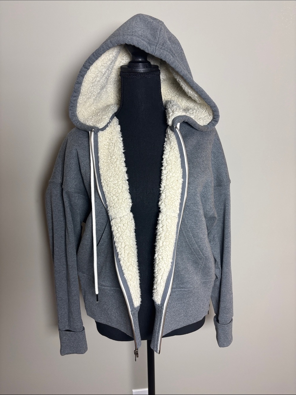 CAbi Heather Gray Hooded Teddy Jacket with Cream Sherpa